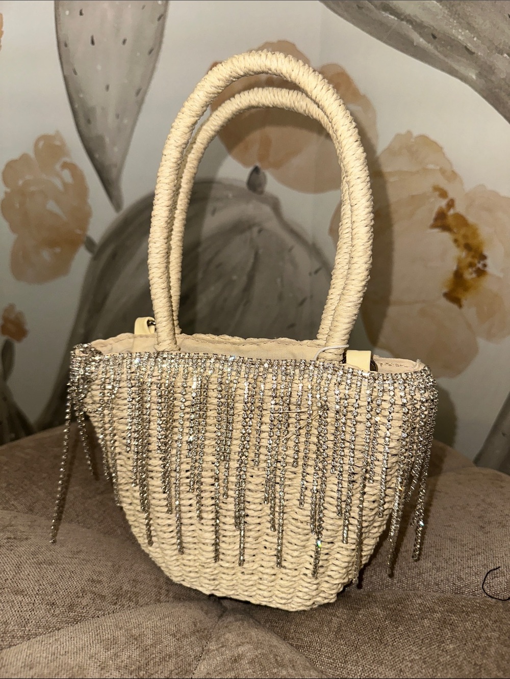 Urban Expressions Beige Straw Tote with Silver Bead Fringe